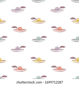 Women's summer multicolored hats with feathers on a white background. Seamless pattern vector.