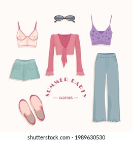 Women's summer outfit. Set of female clothes. Pink top, blue jeans, shorts, shoes, glasses. Hand drawn vector illustration