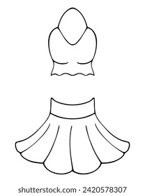 Women's summer romantic image. A short top with one strap around the neck and a knee-length flared skirt with pleats at the hem. Vector illustration. Doodle style. Outline on isolated background.