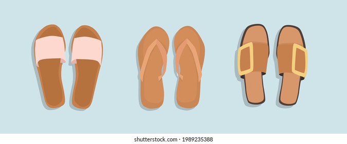 Women's summer shoes collection. Top view.  Female flip flops, shoes, sneakers. Hand draw vector illustration