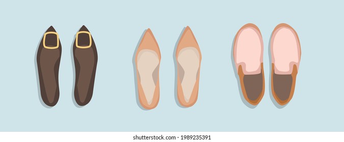 Women's summer shoes collection. Top view.  Female flip flops, shoes, sneakers. Hand draw vector illustration