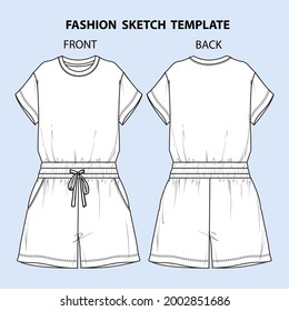 Women's Summer Short Sleeve Jumpsuit Rompers Short Pants Loungewear Fashion Technical Sketch Template. 