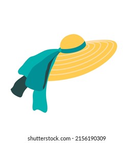 Women's Summer Straw Wicker Yellow Wide-brim Hat With Ribbon And Bow, Beach Attribute, Isolated On White Background. Flat Vector Cartoon Illustration, Clipart.