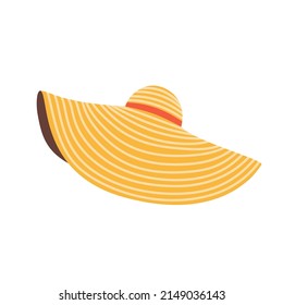 Women's summer straw wide-brim hat, beach attribute, isolated on white background. Flat vector cartoon illustration, clipart.