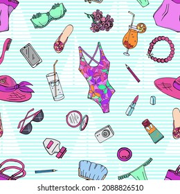Women's summer things for beach. Seamless pattern. Fashion llustration. Vector image.