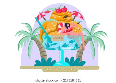 Women's summer vacation on big ice cream is on the beach and the sea is surrounded by coconut palms.