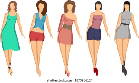 Women's summer walking clothes. Short dress, shorts, t-shirts. Vector illustration.