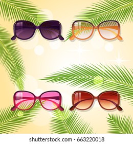 Women's sunglasses set, summer eyeglasses.Trendy sunglasses colors, fashion collection. Summer vacation item, sunglasses and tropical palms background. Vector illustration.