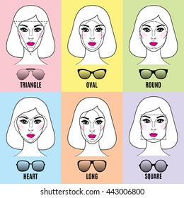 Womens Sunglasses Shapes for different face shapes. Vector illustration