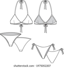 Women's Sustainable Triangle Bikini. Bikini technical fashion illustration. Flat apparel bikini template front and back. Women's CAD mock up.