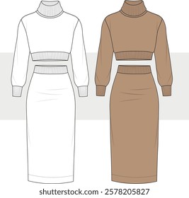 Women's sweater and skirt Knitted Set. Technical fashion illustration, drawing. Flat apparel set template ,Women's CAD mock-up.