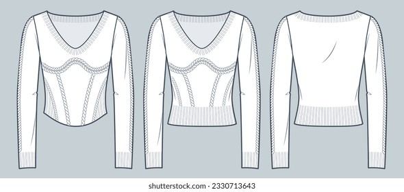 Womens Sweater technical fashion illustration. Pigtails Sweater fashion flat technical drawing template, v neck, slim fit, front and back view, white color, women CAD mockup set.