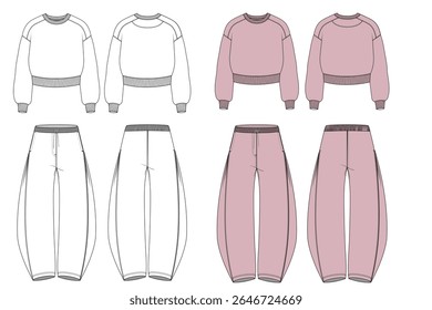 Camiseta Feminina e Calças Barrel-Perna - Técnico CAD Plano Esboço com Bolsos Frontais, Frente Completa e Vistas Traseiras