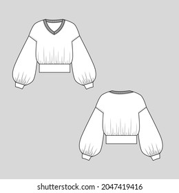 Womens Sweatshirt drop shoulder Balloon Sleeve Gathering V Neck Self Fabric hem  fashion Sweatshirt flat sketch cad mock up technical drawing template design vector 