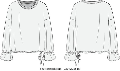 Women's sweatshirt , Fashion Flat Sketch Vector Illustration, CAD, Technical Drawing, Flat Drawing, Template, Mockup.