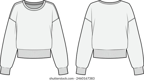 Damen Sweatshirt , Fashion Flat Sketch Vektorillustration, CAD, Technisches Zeichnen, Flaches Zeichnen, Vorlage, Mockup.