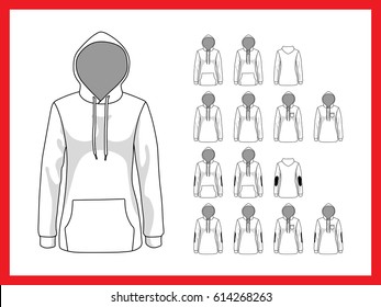 Women's sweatshirt with a hood and cuffs only on sleeves. Front and back view vector set templates