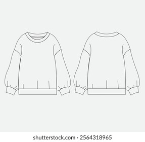 women's  sweatshirt with ribbing at neckline cuffs and hem, vector illustration, fashion illustration, sweatshirt front and back CAD