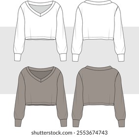 Women's sweatshirt, sweater technical fashion illustration. Fashion flat sketch. Technical drawing APPAREL template. V-NECK cropped top.