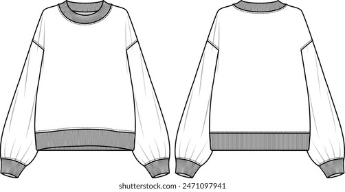 Women's sweatshirt Technical Fashion Illustration. Flat sketch template front and back with long sleeves.