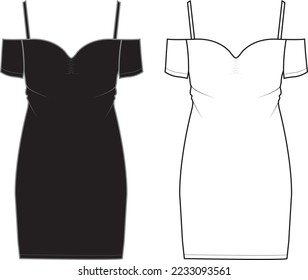 Women's Sweetheart Bardot Bodycon Dress. Technical fashion dress illustration. Flat apparel dress template front, white and black color. Women's CAD mock-up.