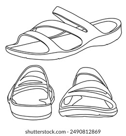 Women's Swiftwater Sandal, Lightweight and Sporty Sandals  Line art, Technical sketch hand drawing, various view, outline vector doodle illustration isolated on white background