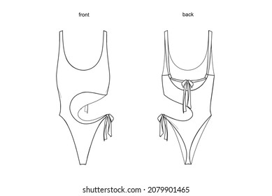 Women's swimming suit with round cut-outs and adjustable straps, flat sketch, front and back