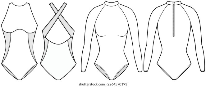 womens swimsuit flat sketch vector illustration front and back view rash guard technical cad drawing template