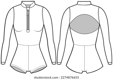 womens swimsuit flat sketch vector illustration front and back view rash suit technical cad drawing template