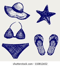 Women's swimsuit, hat, flip-flops and starfish. Doodle style