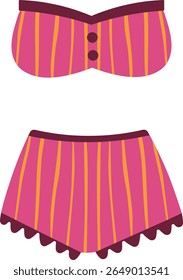 Women's swimsuit, plus size. Pink open swimsuit with orange stripe in retro style. Swimming clothes. Isolated vector illustration on transparent background.