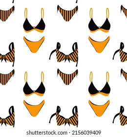 Women's swimsuit. Seamless pattern. The swimsuit is black and yellow on a white background. Wallpaper for decoration. Vector.