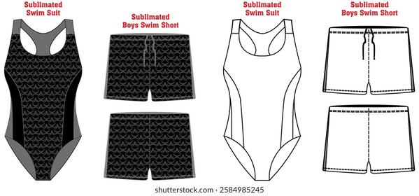 Womens Swimsuit styles Women's Bodysuit. Bodysuit technical fashion illustration. Flat apparel bodysuit template front and back. Women's CAD mock up