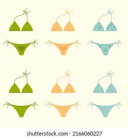 Women's swimsuits in different colors and patterns. Bottom and top. Vector illustration.
