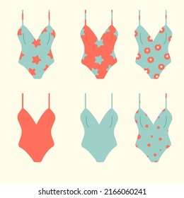 Trajes de baño para mujeres con diferentes colores y patrones. Aislado en el fondo. Ilustración vectorial.