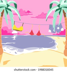 Women's swimsuits are drying on the clothesline near the tropical sea shore. Colorful swimsuits hanging on the rope with pink sunset on background. Summer Travel and Summer Vacation Horizontal Postcar