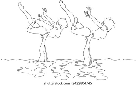 Women's synchronized swimming duet. Olympic water sport. Girls are swimming. Synchronized swimming . Women athletes. One continuous line drawing. Linear. Hand drawn, white background. One line