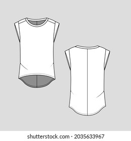 Womens t shirt cap sleeve  dip hem short sleeve fashion cut back crew neck top blouse flat sketch cad mockup technical drawing template design vector