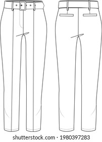 Pantalones adaptados al cinturón y a la sastre de las mujeres. Ilustración de moda técnica de los pantalones. Pantalones planos de pantalones de vestir, de color blanco y delantero. Burla de CAD de mujeres.