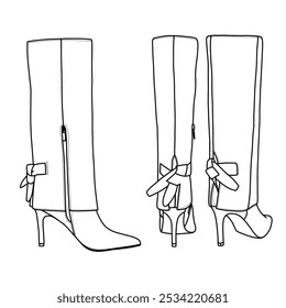 Women's Tall Heeled Boot High shoes Line art, Technical sketch hand drawing outline vector doodle illustration side and rear view isolated on white background