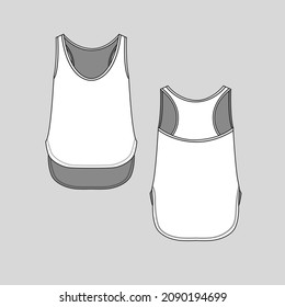 Womens tank top Fashion dip hem summer racer back top cad mock up Technical drawing flat sketch template design vector