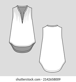 womens tank top A line high low, dip hem shoulder gathering vest tunic .fashion flat sketch  template  drawing  design  vector