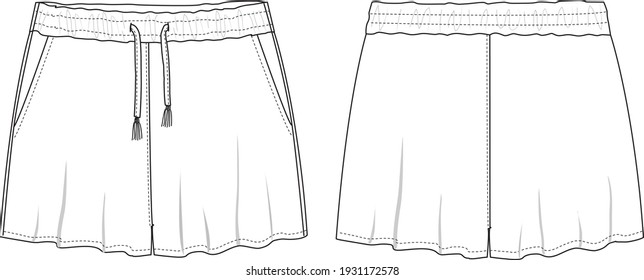 Women's Tassel Tie Waist Shorts. Fashion technical sketch of women shorts with pockets in vector graphic. Clothes flat sketch vector. Fashion illustration. Front and back view, Women's CAD mock-up.