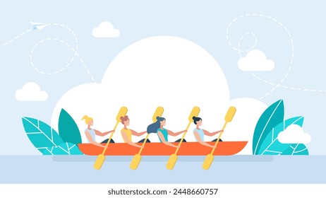 Women's team. Friendly female team rowing in boat together. Colleagues working together. Effective collaboration and organized teamwork. Good relationship between colleagues. Vector illustration