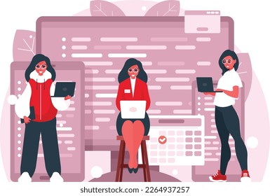 Women's team of programmers. Female students with laptops. Scalable Technologies. Computer display, tablet and smartphone with programming code on screen. Programming concept. Vector graphics