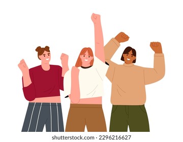 Womens team smiling and raising hands up.  Flat vector illustration isolated on white background
