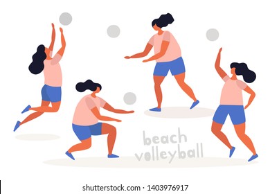 The women's team is training before playing beach volleyball. Popular summer sports and outdoor activities. Vector flat illustration on white isolated background.