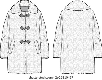 Women's Teddy Coat. Technical fashion illustration. Front and back, white colour. Women's CAD mock.