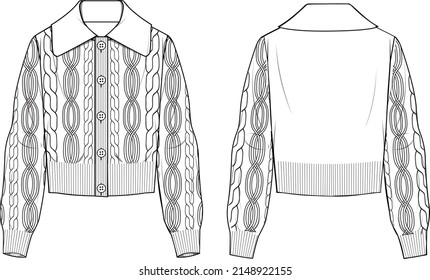 Women's Teddy Collar Detail Cable Button-up Cardigan. Cardigan technical fashion illustration. Flat apparel jacket template front and back, white colour. Women's CAD mock-up.