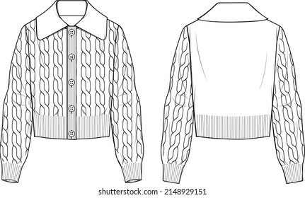 Women's Teddy Collar Detail Cable Button-up Cardigan. Cardigan technical fashion illustration. Flat apparel jacket template front and back, white colour. Women's CAD mock-up.